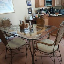 Vintage Wrought Iron Glass Top Dining Table with 4 Chairs