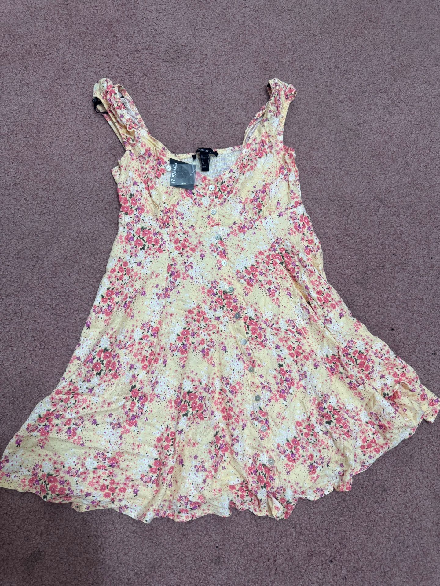 New small yellow floral short flair tank smocked button summer dress forever 21