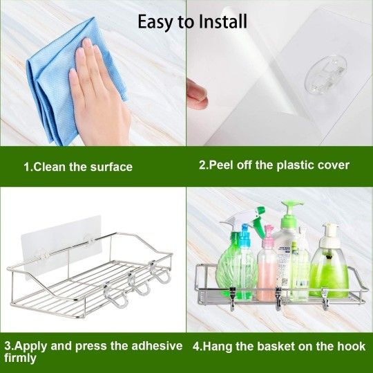 Shower Shelf with 6 Hooks, Stainless Steel Adhesive Shower Caddy, 2 Pack Wall Mounted Shower Organizer for Bathroom and Kitchen Storage Org