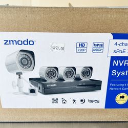 Zmodo NVR POE 720P with 4 POE cameras.