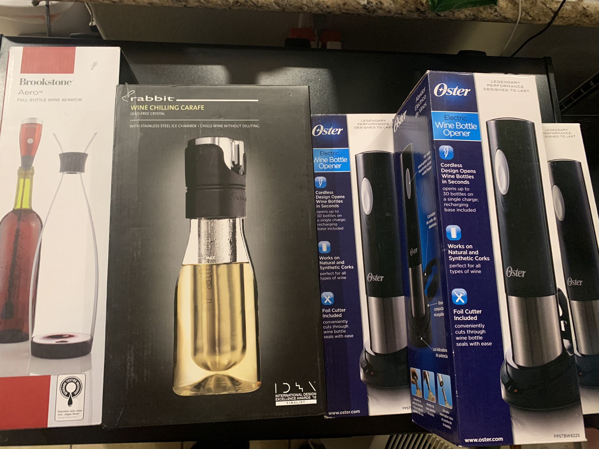 ELECTRIC WINE BOTTLE OPENER. AERATOR. CHILLING WONE CARAFE. ALL BRAND NEW. NEVER USED OR OPENED. $20 Each