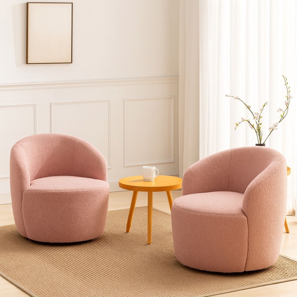 Set Of 2 - Pink Modern Teddy Fabric Upholstered Armchairs Lounge Chair with Metal Base [NEW]