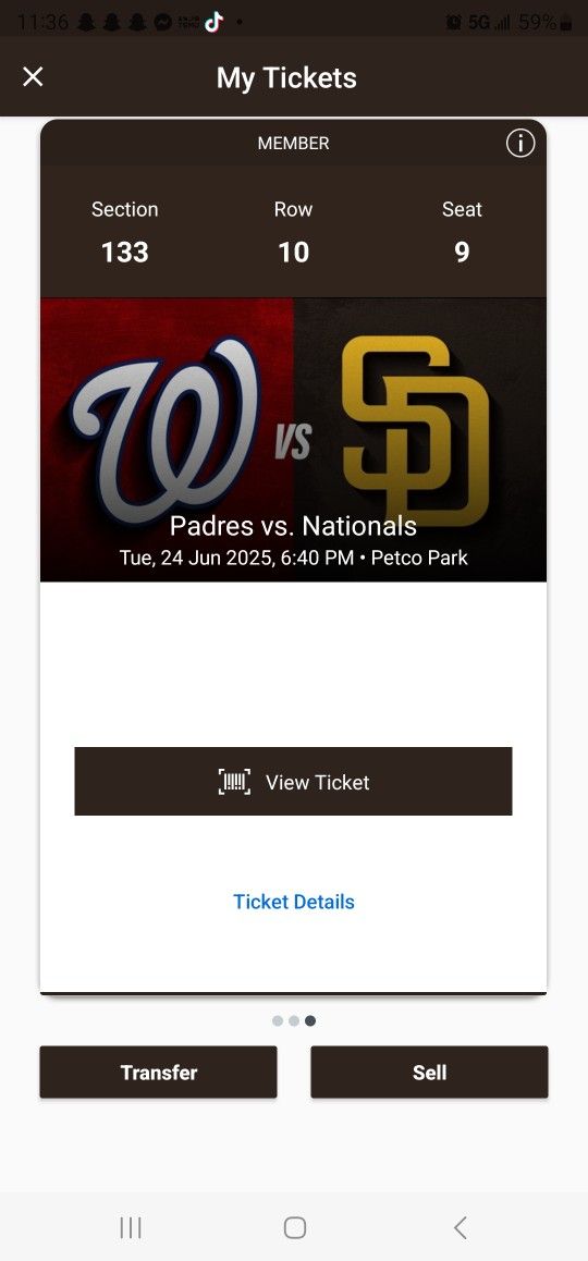 Padres Vs Nationals Tues 06/24/25 $40