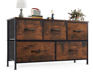 5 Drawer Dresser for Bedroom, Wide Fabric Storage Tower, Brown