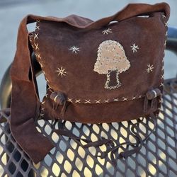 Vintage Artisan Suede Crossbody  Shoulder Bag Boho Western Hippie Medium Brown