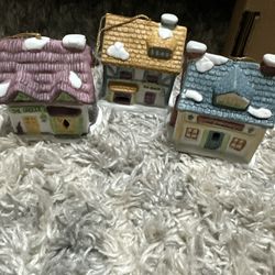 Vintage Christmas - 3 BISQUE CERAMIC VILLAGE BELL ORNAMENTS -READERS DIGEST 1991