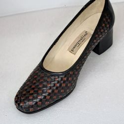 Pasqualini Shoes Womens Sz 9 Woven Square Toe Pumps Block Heels Brown Vintage 70