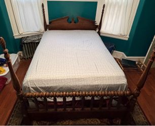 Antique Wood Four-Poster Queen Size Bed Frame