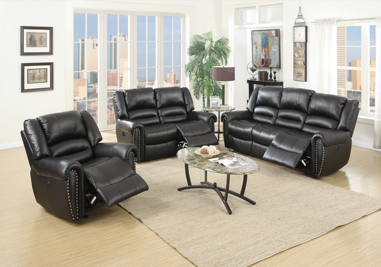 Black Faux Leather Sofa Set With Power Recliner