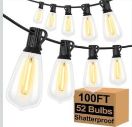 LED Outdoor String Lights 100FT Patio Lights with 52 Shatterproof ST38 Vintage Edison Bulbs, Outside Hanging Light Waterproof for Porch, Deck, Garden,