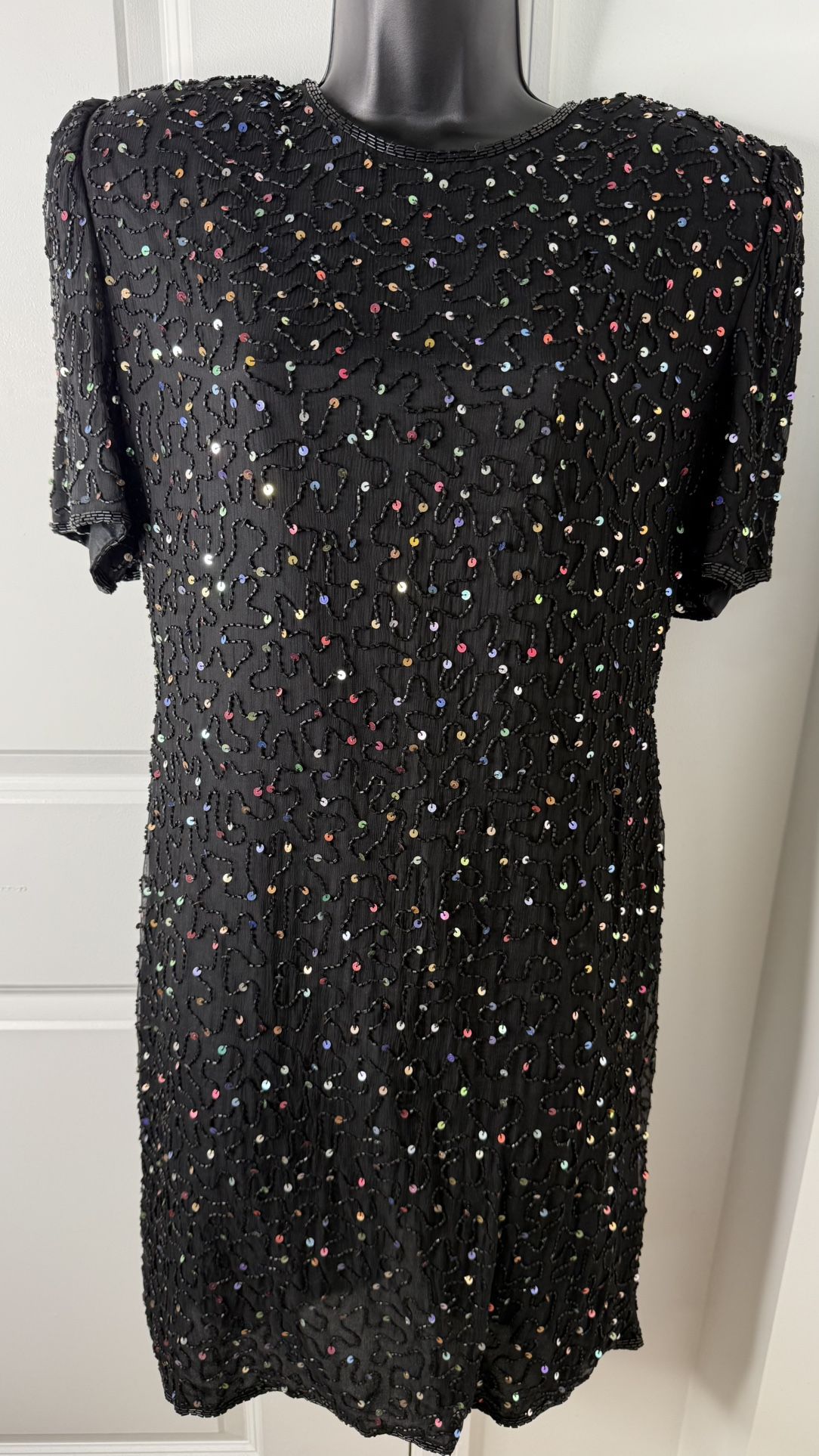 Vintage Lawrence Kazar Black Silk Beaded Sequin Dress XL Made in India
