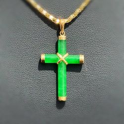 14k solid yellow gold Jade Stone Cross Pendant charm