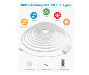 Aclorol AC 100-120V 65.6FT White COB LED Strip Lights Outdoor Waterproof Dimmable COB Light Strip Cold White 6000K Plug and Play for Commercial Buildi