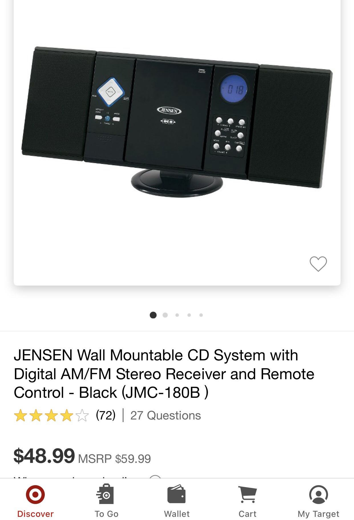JENSEN Wall Mountable CD System with Digital AM/FM Stereo Receiver and Remote Control - Black (JMC-180)