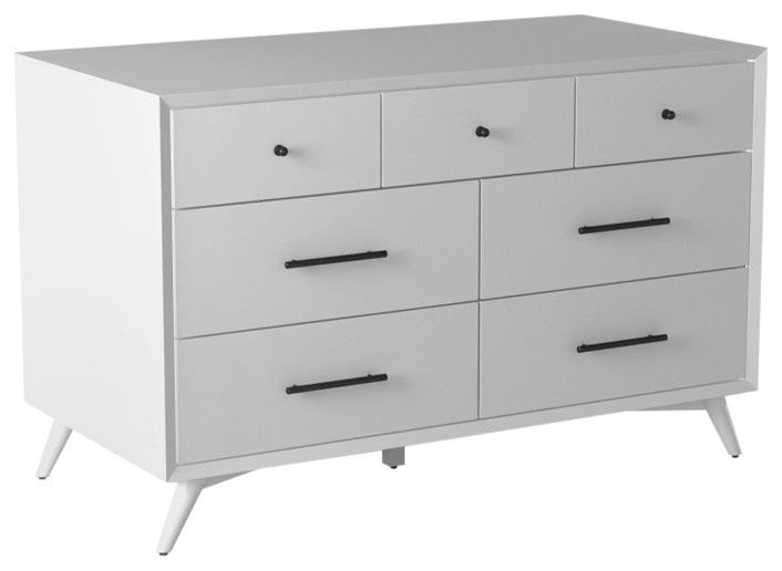 Flynn Mid-Century Modern 7-Drawer Dresser – White Wooden Bedroom Clothing Storage