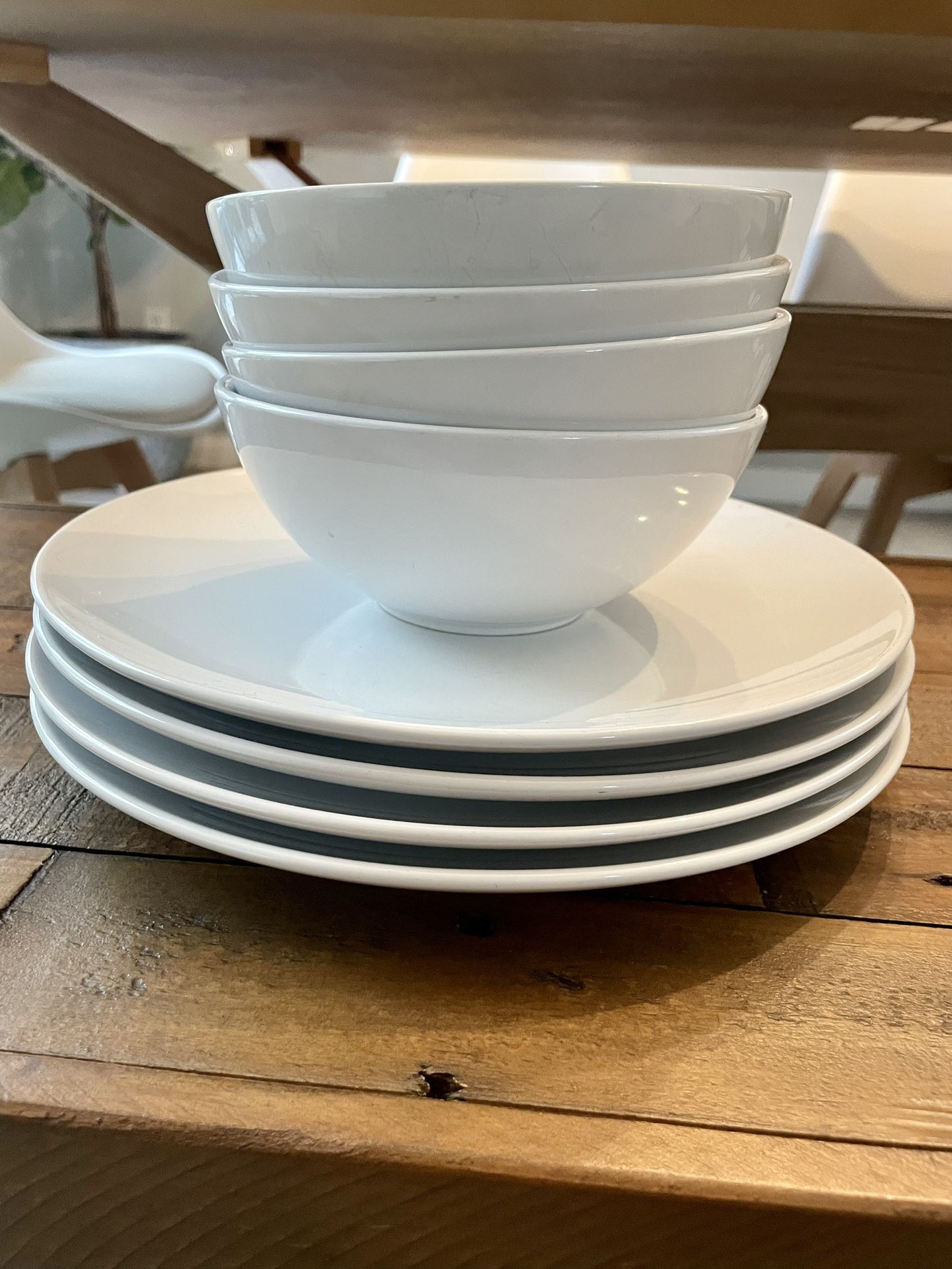 Four (4) Dinnerware Tableware Settings IKEA White Stoneware Bowls Dinner Plates - Eight (8) pcs Total
