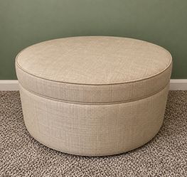36” Round Beige Storage Ottoman | Upholstered Coffee Table & Hidden Storage