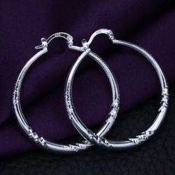 925 Sterling Silver STAMPED 1.75” classic round diamond cut hoop earrings