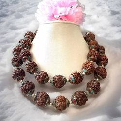 Vintage Rudraksha beads mala for yoga, meditation necklace with brass cap inlay stone 35”inch long 