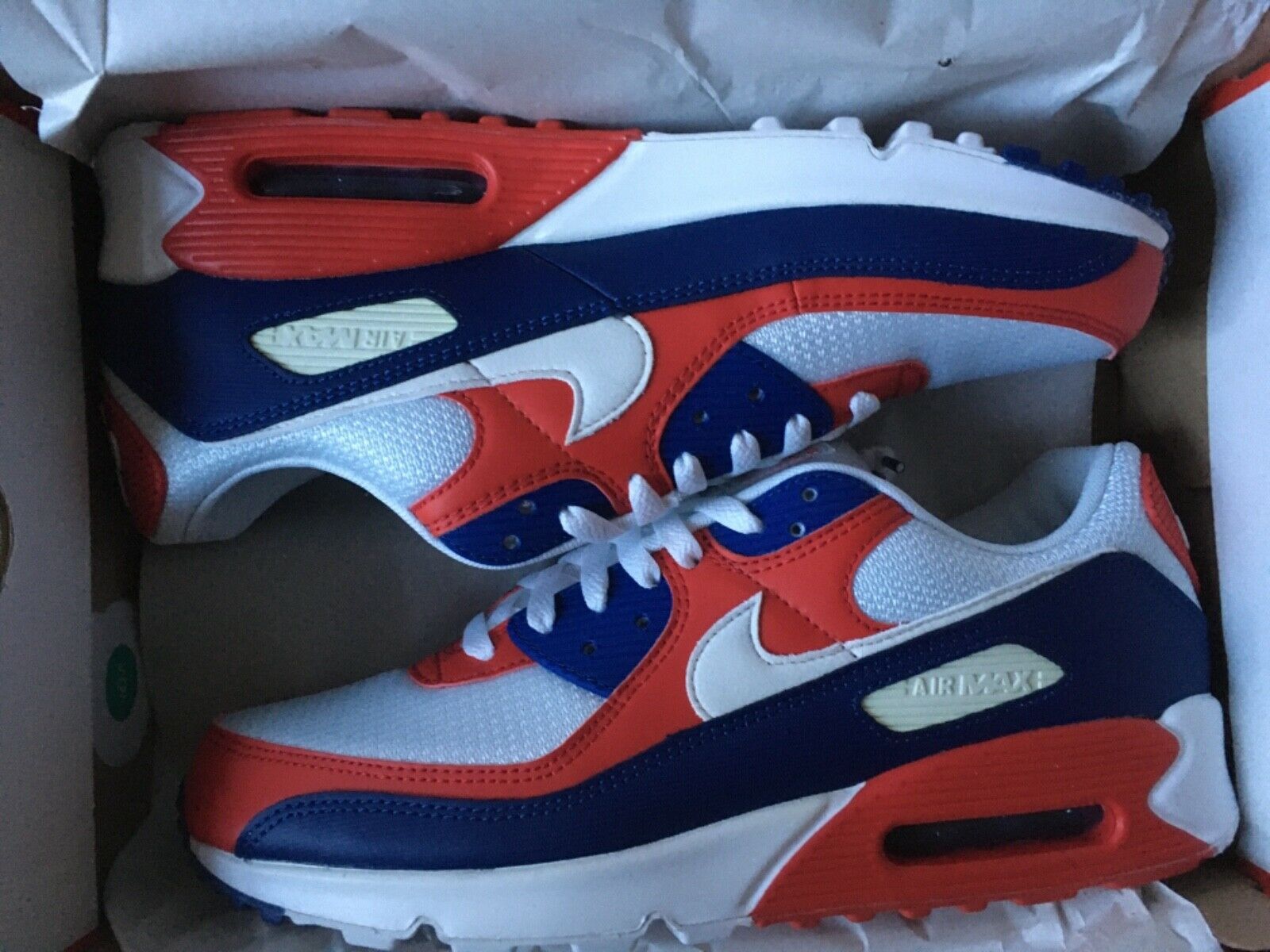 Sizes 11. Nike Air Max 90 Men Size Running Shoes USA White Red Blue