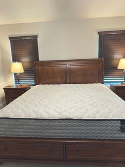 King Sleigh Bed Frame with Storage Drawers plus side tables and lamps