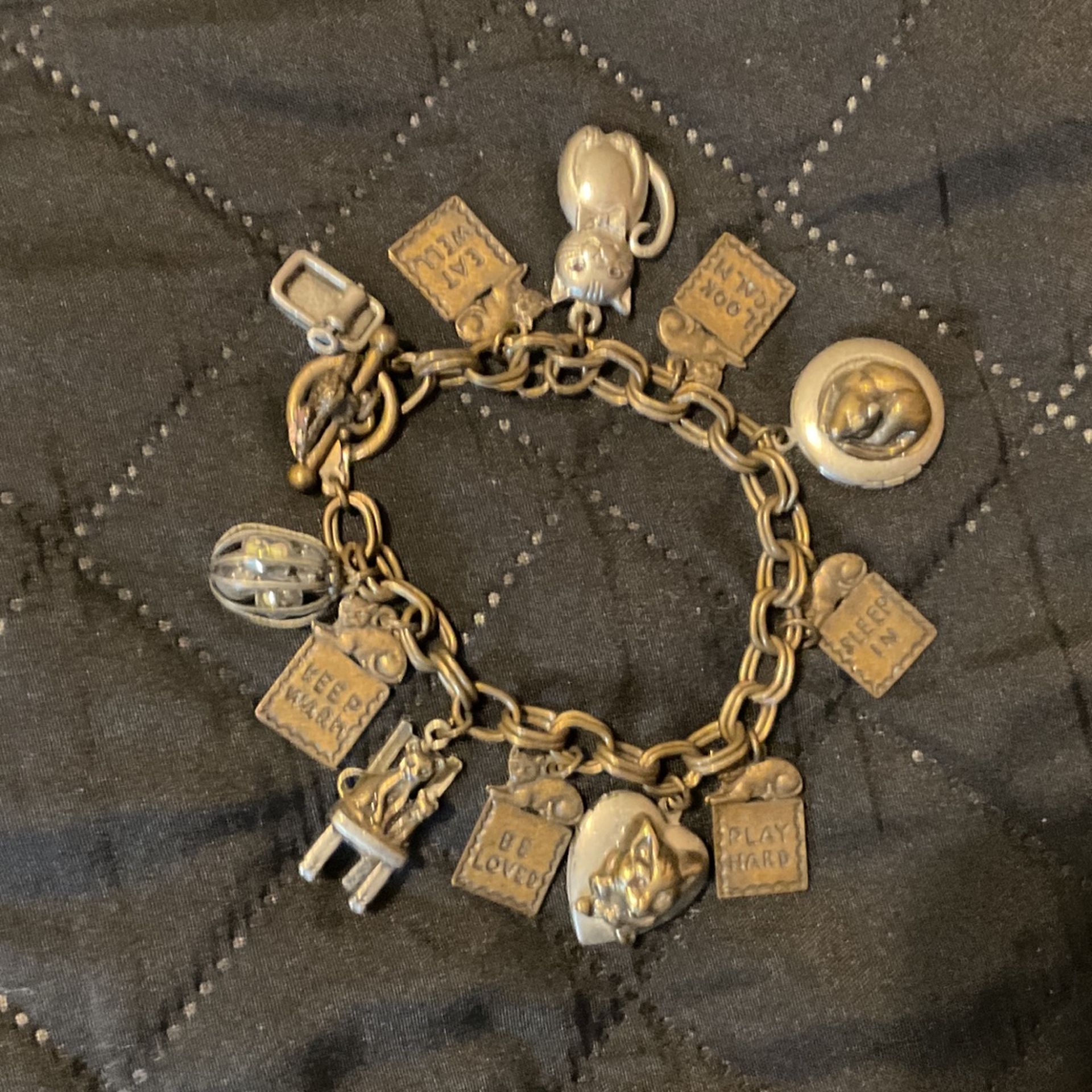 2 Tone Solid(Bronze & Pewter) Link Charm(cat) Bracelet With 2 Lockets,by Sweet Romance U.S.A