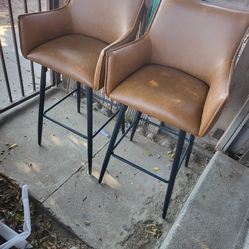Set of 2 Brown 26-Inch Bar Stools, Modern Faux Leather Upholstered Bar Stools with Legs and Footrest for Home, Bar, Dining Room, Pub (Brown)