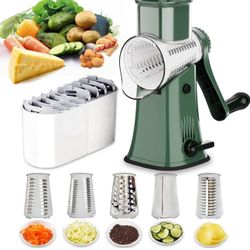 Manual Rotary Cheese Grater Grinder- 5 Interchangeable Blades Round Mandoline Vegetable Slicer Drum Shredder Nut Chopper with Strong Suction Base