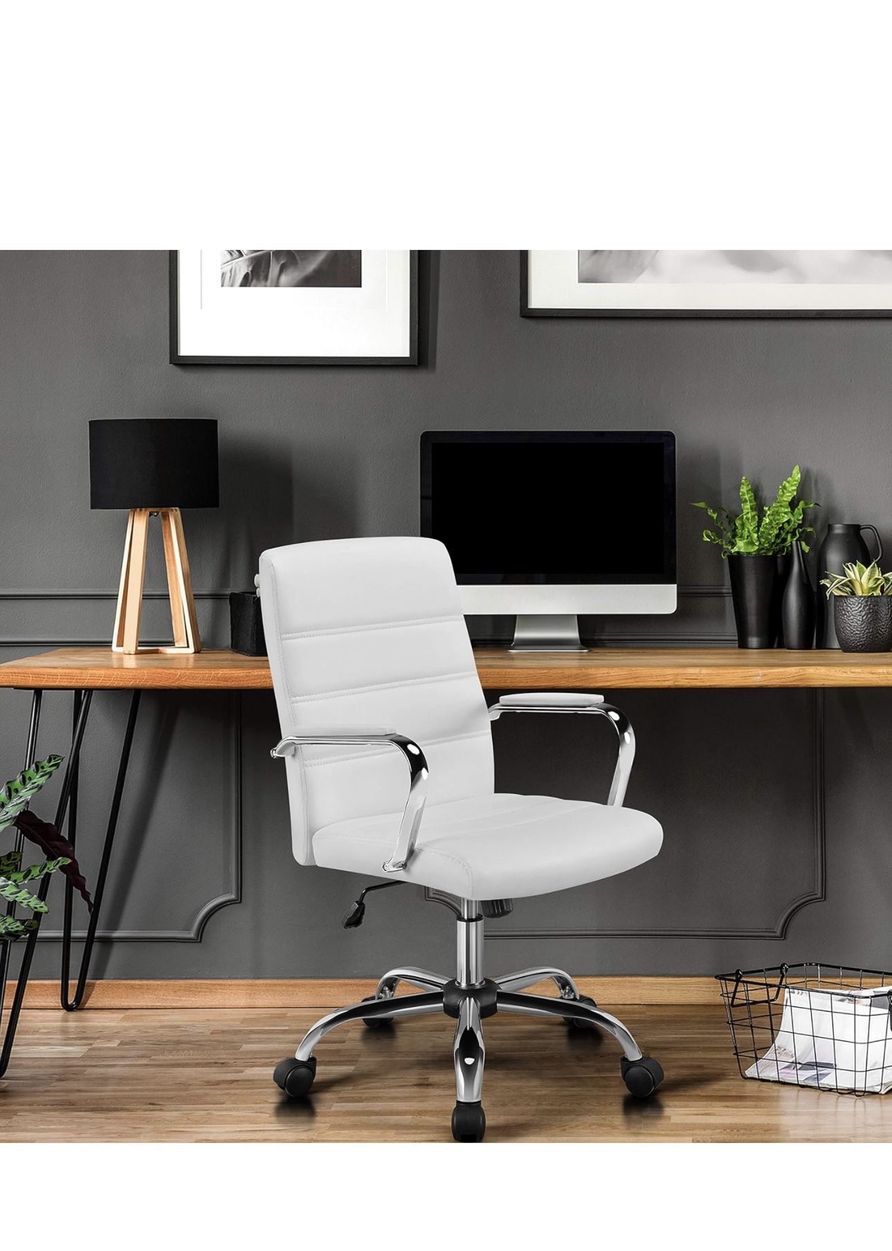 Office Desk Chair Mid-Back Leather Computer Chair Height Adjustable Ergonomic Executive Chair w/Lumbar Support Comfy Thick Padded Armrests and Seat, W