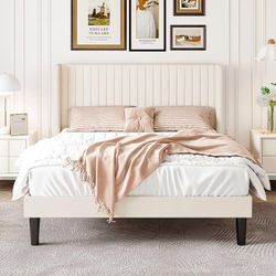 Queen Size Velvet Bed Frame, Tufted Wingback Headboard, Cream 47'' Modern Vertical Channel Headboard, Upholstered Platform Bed, Wood Slats, No Box Spr