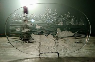 Large Oval Clear Etched Glass Tray with Waterfowl