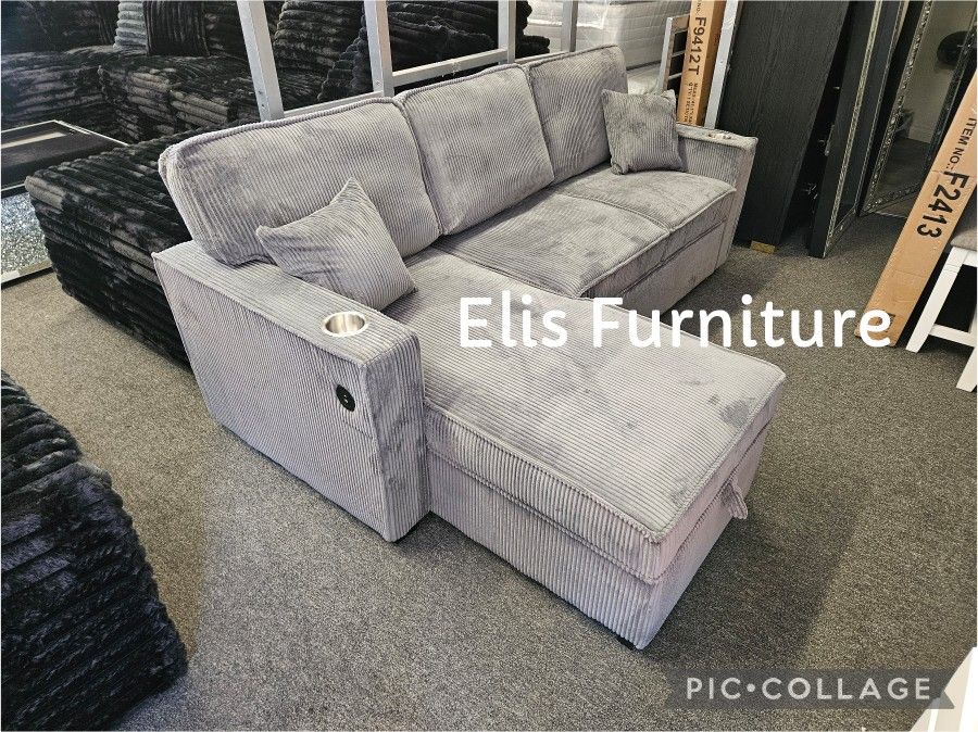 New Sectional Pull Out Bed W/ Storage Chaise, 2 Cup Holder & USB Outlet $489