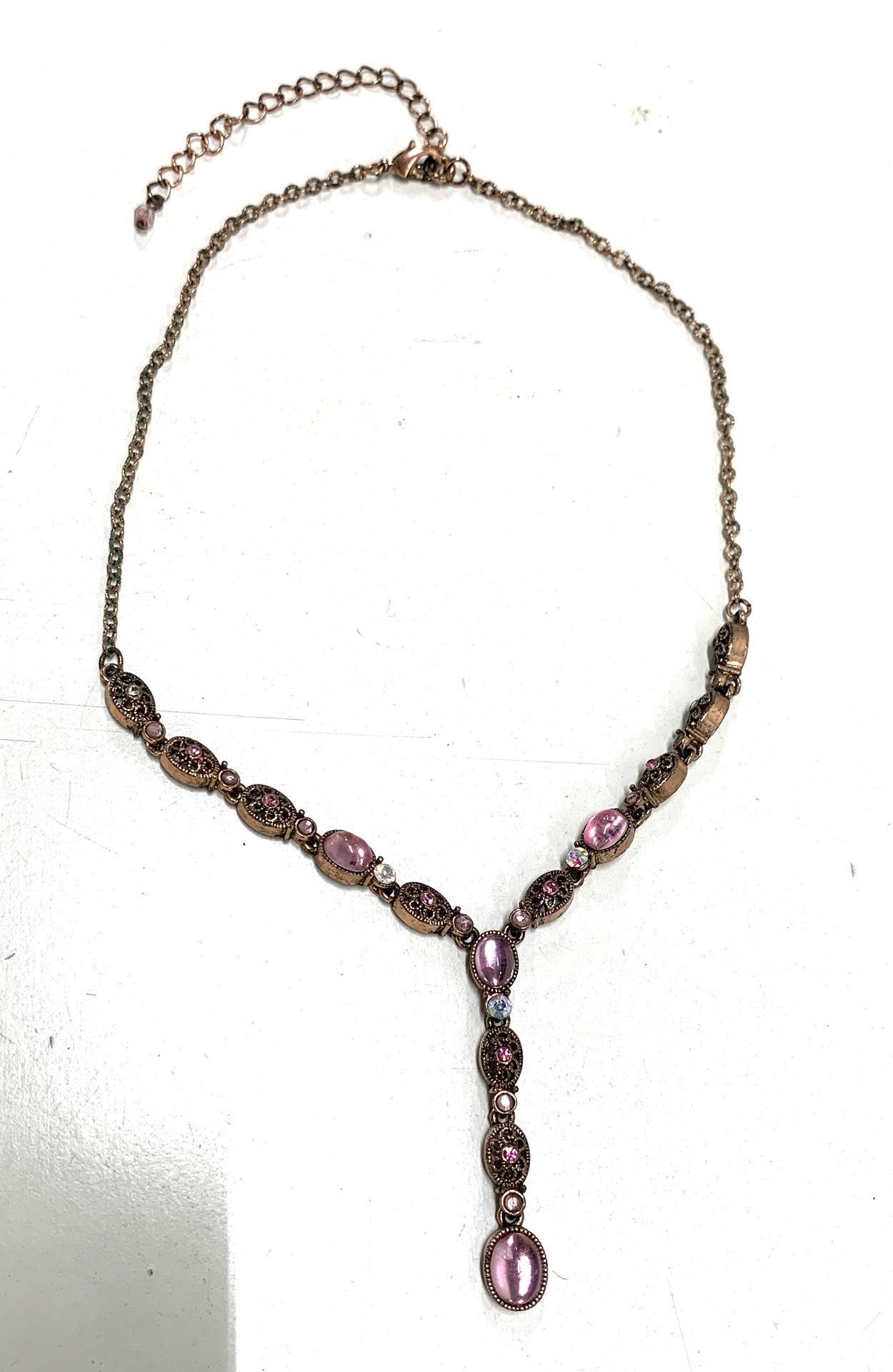 Vintage AVON Pink Glass Stones & Copper Tone Metal Chain Necklace - Y-Drop - 22”