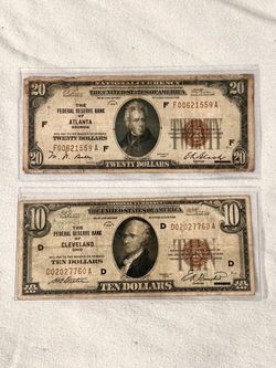 1929 $20 & $10 fed. Reserve bank notes ( brown seal)