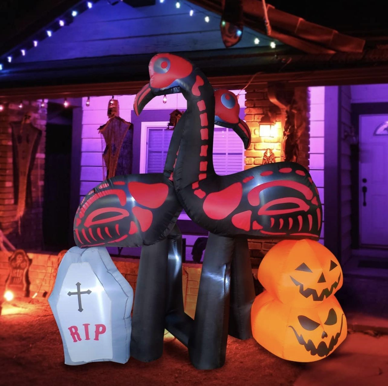 BLOWOUT FUN 5ft Halloween Inflatable Skeleton Flamingo Tombstone Decoration, LED Blow Up Lighted Decor Indoor Outdoor Holiday Art Decor Decorations. $