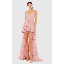 Mac Duggal Pink High Low Tiered dress With Attached Bodysuit