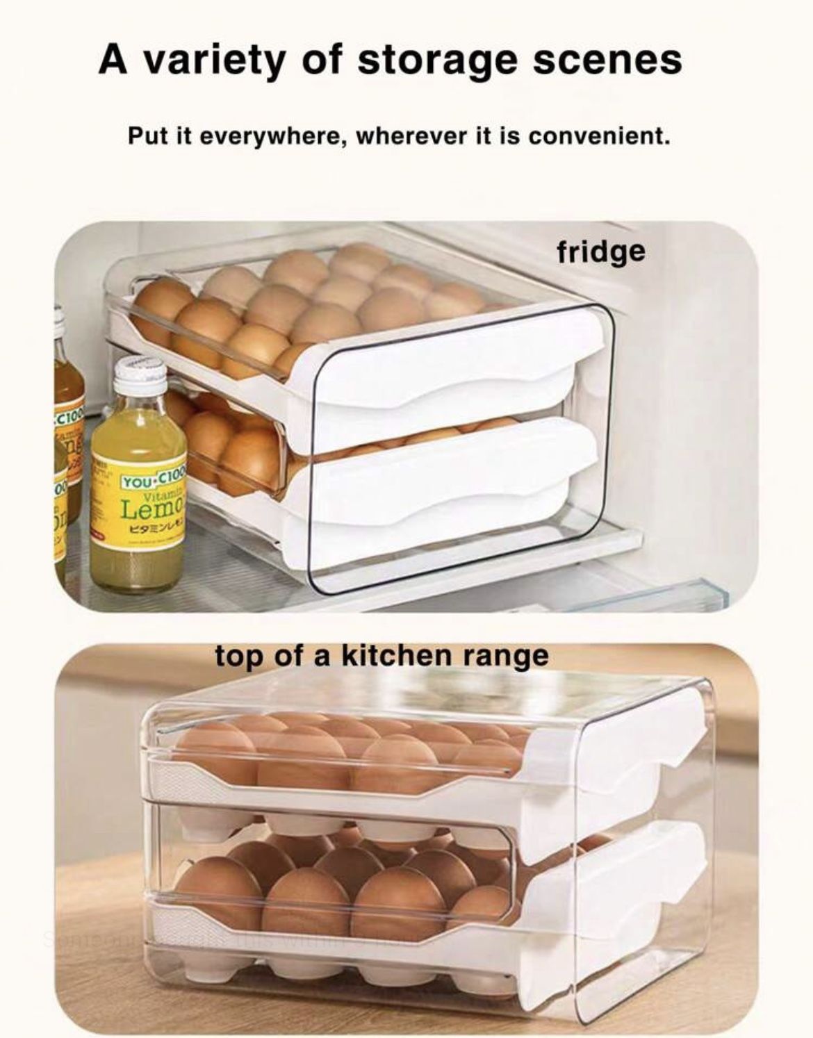 Gray Color 1 Pack 2 LayerLarge Capacity Egg Holder For Refrigerator, Egg Storage Container Organizer Bins, Stackable Clear Plastic Storage Container,
