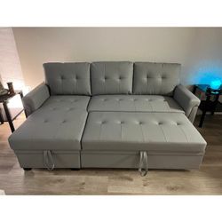  Gray Vegan Leather Modern Reversible Sleeper Sectional Sofa with Storage Chaise 83.5"W X 53"D X 34"H  