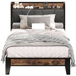 Twin XL Bed Frames, Storage Headboard with Charging Station, Solid and Stable, Noise Free, No Box Spring Needed, Easy Assembly (Vintage and Black)