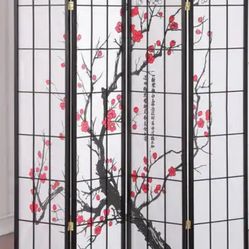 Roundhill Furniture Japanese 4-Panel Screen Room Divider, Plum Blossom 