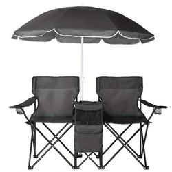Portable Outdoor 2-Seat Folding Chair with Removable Sun Umbrella Blue