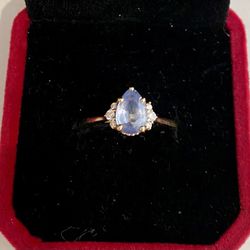 14K Yellow Gold Double Trio Diamond Engagement Ring With Pear Sapphire