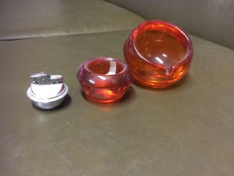 Vintage Viking art glass lighter ashtray set