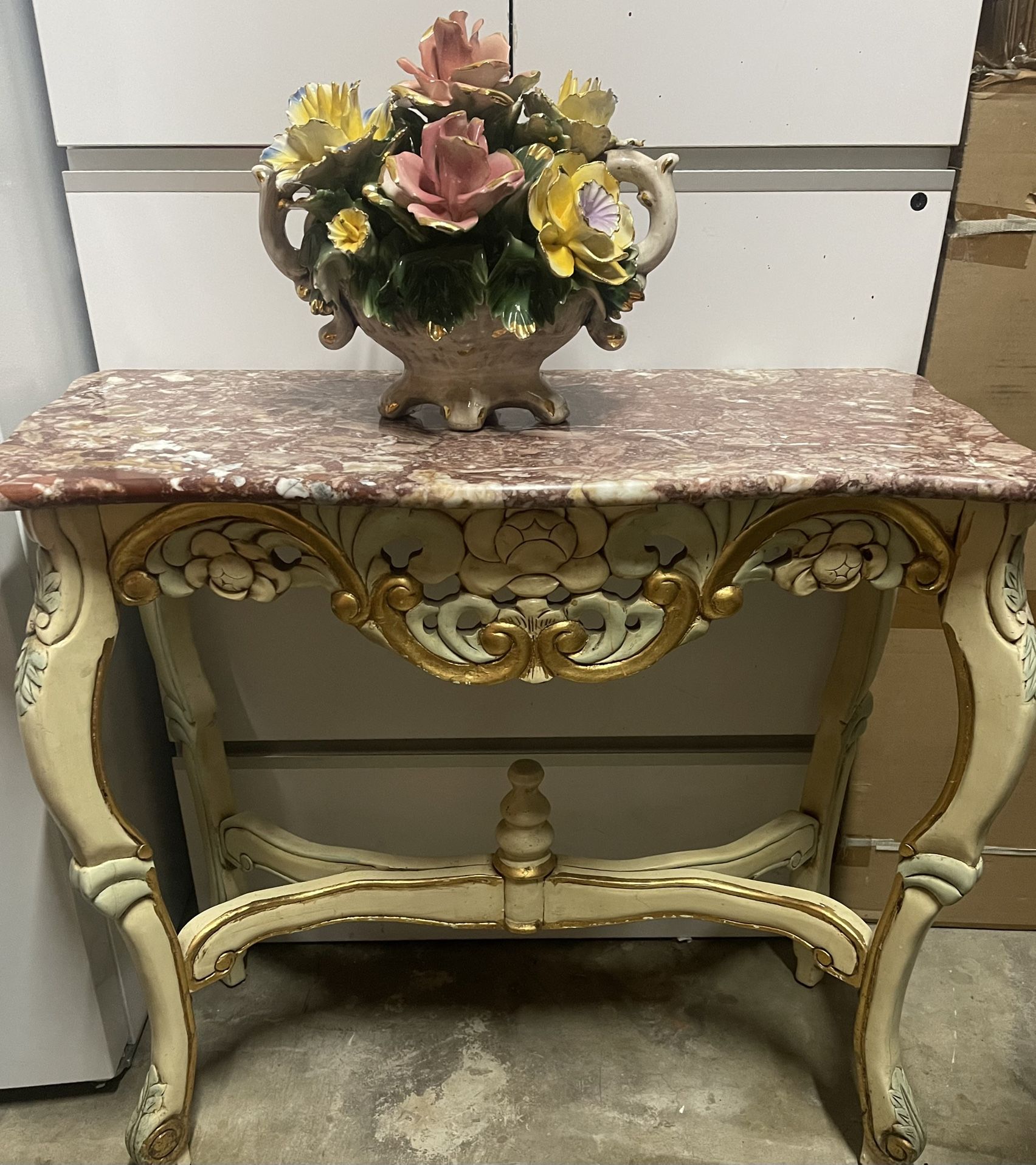 Victorian Console With Marble Top And Flower Arrangement 