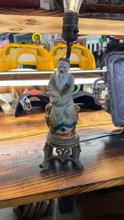 Vintage Asian Porcelain Scholar Figural Table Lamp – Ornate Metal Base