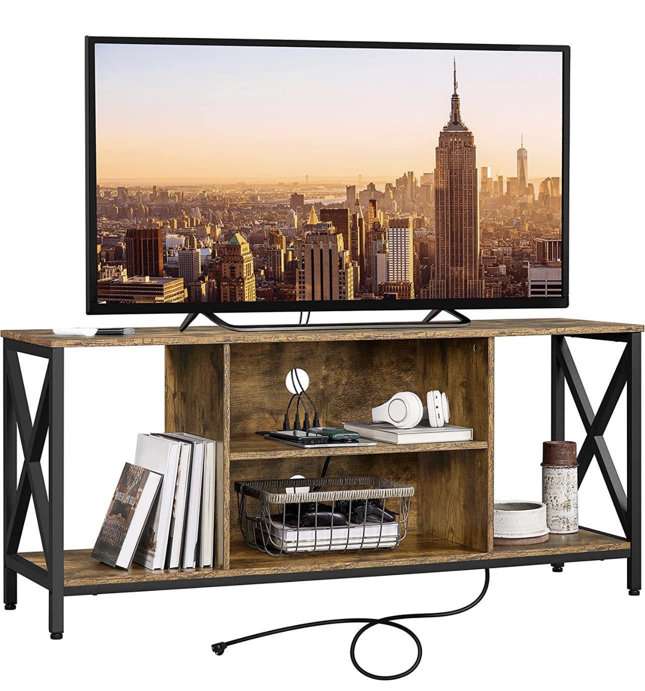 TV Stand with Power Outlets for 65 inch TV, Industrial Entertainment Center TV Console with Charging Station, TV Cabinet with Open Storage Shelves for