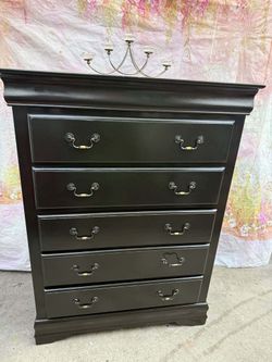 Solid Heavy Wood Tall Dresser With Five Large Wooden drawers Has Been Refurbished Color Dark Brown And Antique Gold