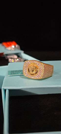 "Versace" style Gold Finish 925 Sterling Silver VVSD Moissanite Ring Sz 10