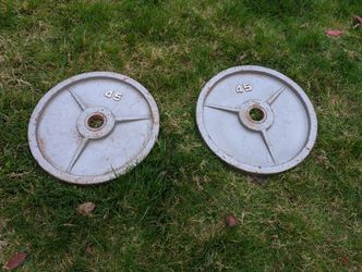 Set of two 45-pound Olympic weight plate used for barbell lifting