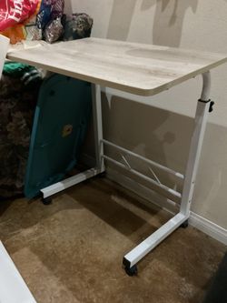 Adjustable Rolling Laptop Desk wood with white metal frame